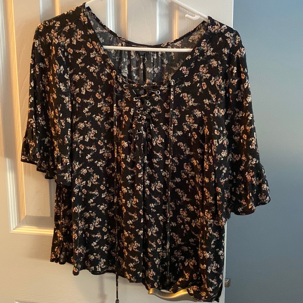 Floral lace up peasant blouse